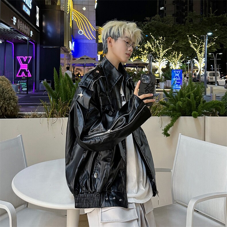 2024新款美式工装夹克短款小众机车皮衣翻领秋冬现货W8362-P85,男装夹克,星座512-4