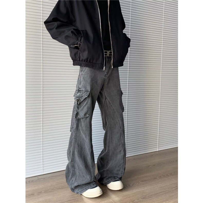 多口袋做旧牛仔裤男宽松直筒阔腿高街工装裤子8001P60,男装牛仔裤,星座410-2