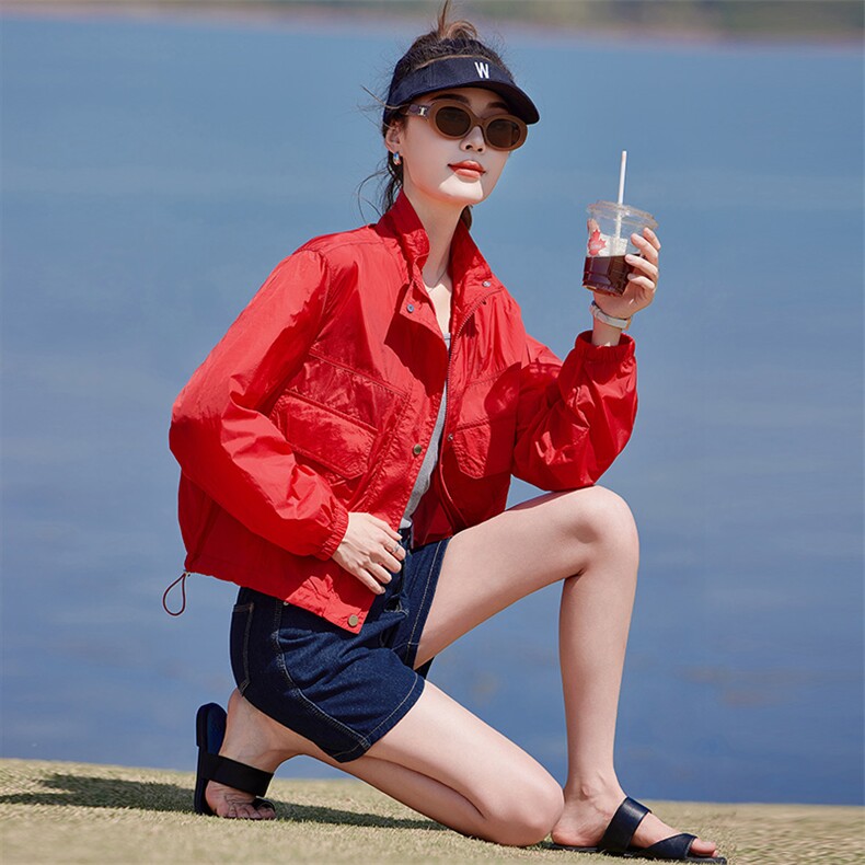 2026夏季新款韩版时尚休闲连帽防晒衣女宽松显瘦短款外套薄款上衣,女装短外套,靓衣阁
