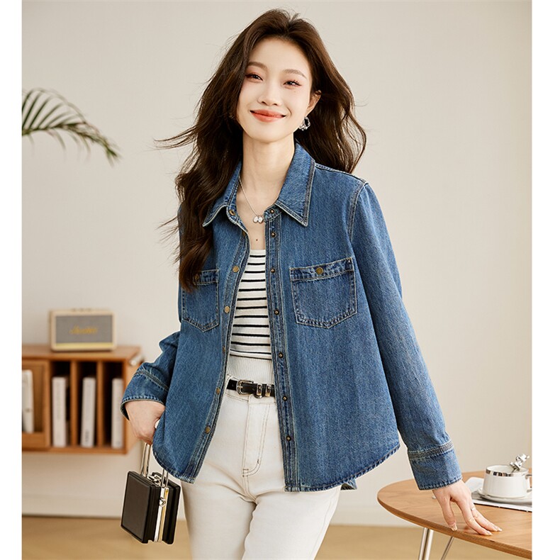 2024春季新款时尚潮流牛仔衬衫修身显瘦长袖百搭上衣，女装衬衫，姿萝菲