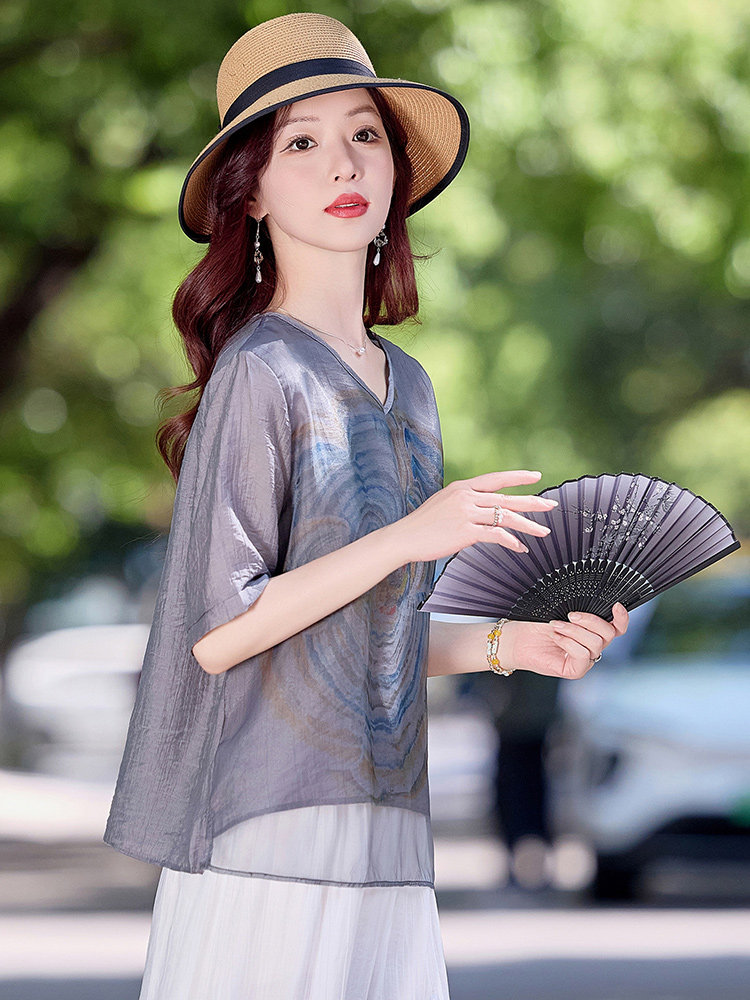 现货！夏季新款2025套装女简约时尚优雅气质天丝麻料印花上衣,女装衬衫,涵墨