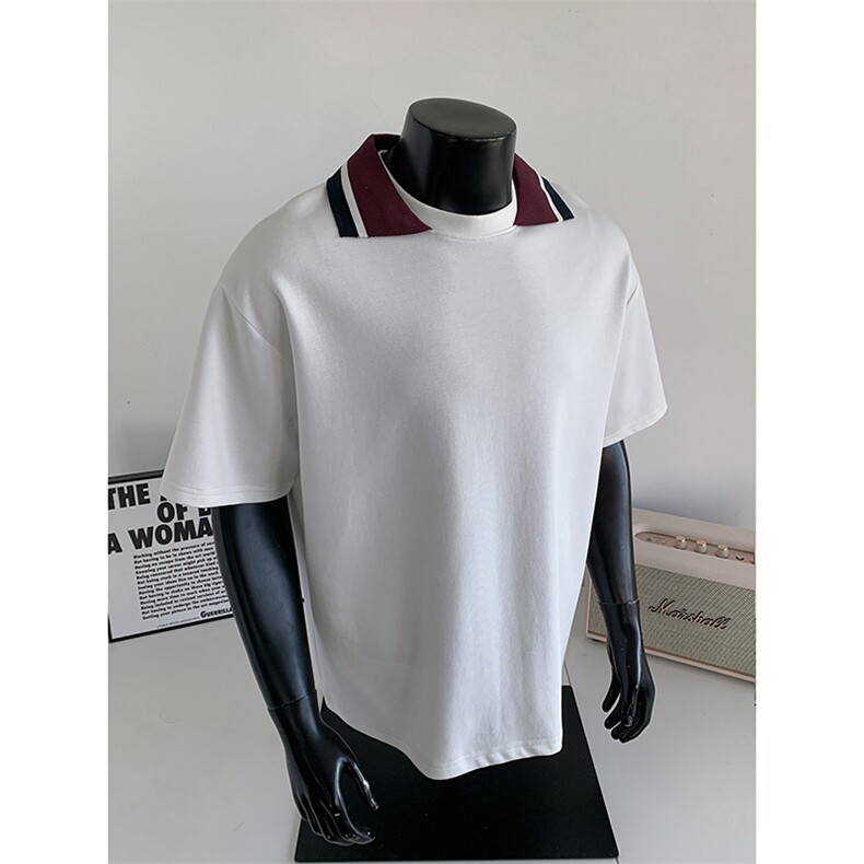 春夏宽松极简高级感廓形上衣cleanfit撞色翻领短袖HY924TP30控58，男装T恤，电商A102B