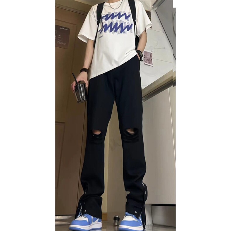 美式高街ins小众拉链hiphop排扣破洞休闲牛仔裤货号K642P60控78,男装牛仔裤,电商A063