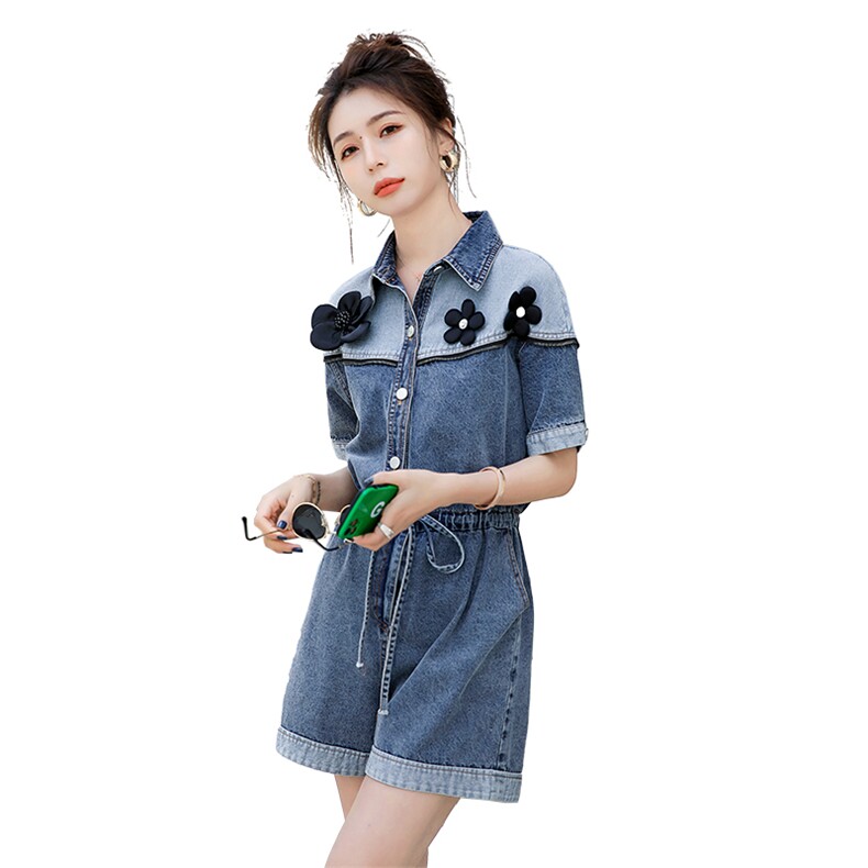 时尚显瘦牛仔连体短裤女夏季新款韩版宽松高腰抽绳收腰花朵装饰休闲裤,女装连体裤,秋水欣儿
