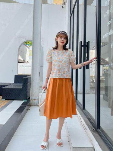 夏季新款刺绣印花橘色少女套裙，女装，水锦红
