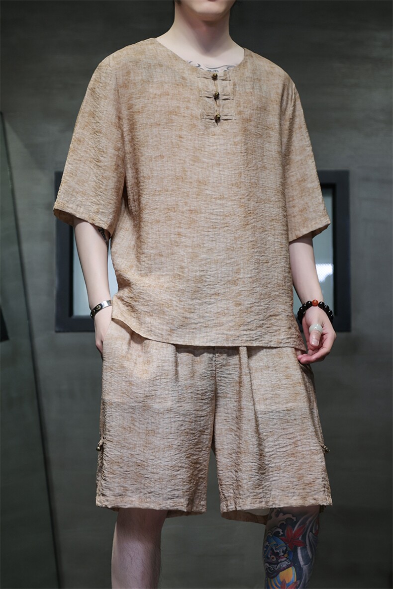2025夏季新款男装风冰丝印花盘扣唐装套装短袖+短裤A105-P80,男装休闲套装,电商B277(原6028)