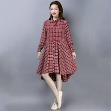 连衣裙棉格子立领件2021年春季长袖中长款拼接口袋，女装连衣裙，叶笙衣