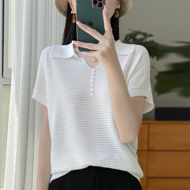 翻领冰丝针织短袖T恤女2025新款加肥大码女装夏季短款显瘦V领上衣,针织衫/毛衣,大美人包芯纱店