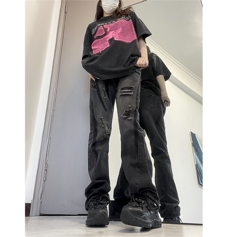 B221美式ins高街小众个性男女破洞牛仔裤LK23001-P65控88,男装牛仔裤,电商B221