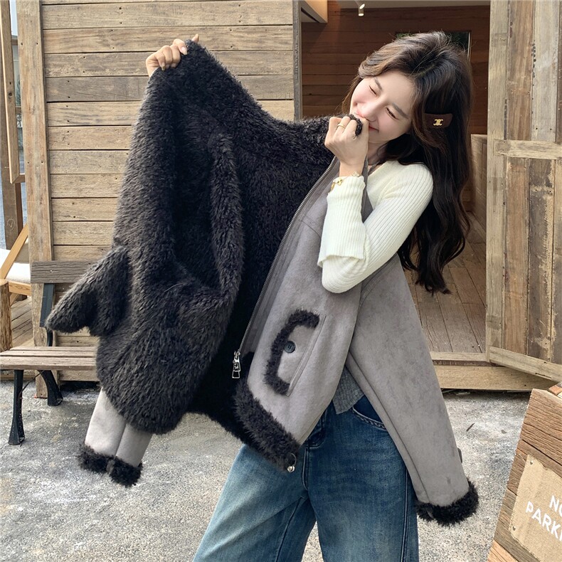 立领加厚保暖皮毛一体外套女短款机车服冬季宽松麂皮绒羊羔毛棉衣,女装短外套,艾米莉亚