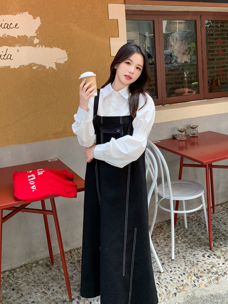 韩系黑色工装背带裙女秋季连衣裙减龄设计感绝美独特流行时髦,女装连衣裙,浙宝128A
