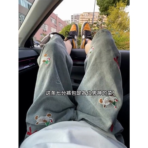 B221 美式ins高街宽松小狗刺绣七分牛仔裤短裤 LK25534-特P45控78图片