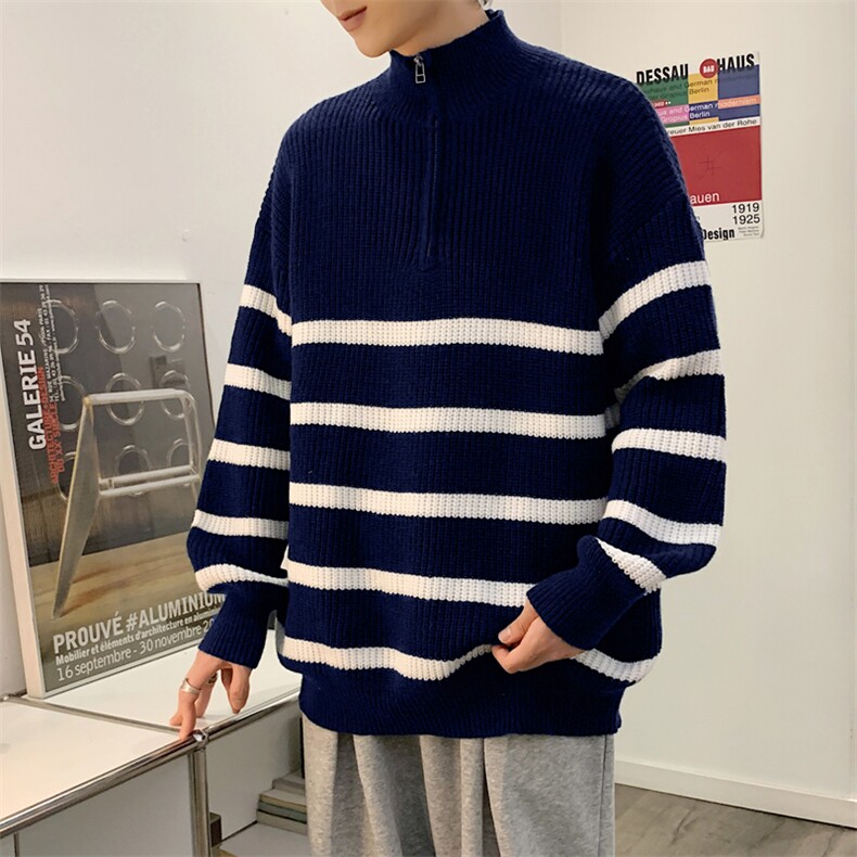 秋款男圆领半高领拉链毛衣针织衫条纹拼色休闲外套M3117P55,男装针织衫/毛衣,星座1013-1