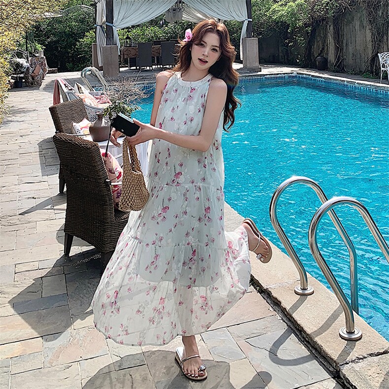 高级感海边度假扎染印花无袖露肩挂脖长裙女夏新款温柔茶歇连衣裙,女装连衣裙,浙宝305