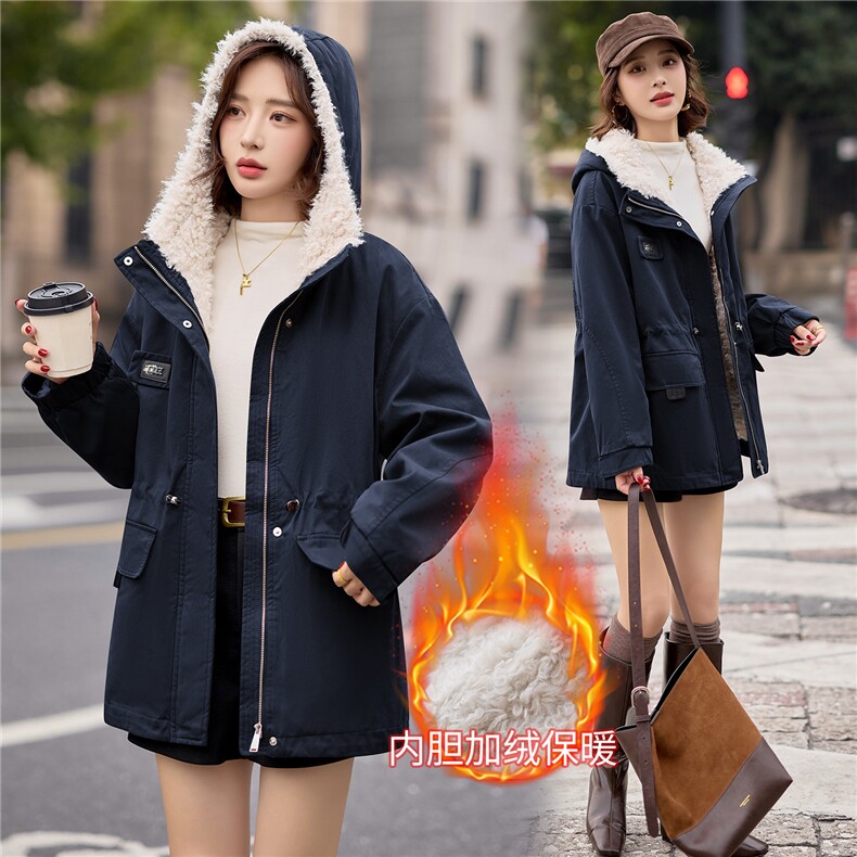 9115时尚加绒加厚中长款派克服,女装派克服,依路服饰