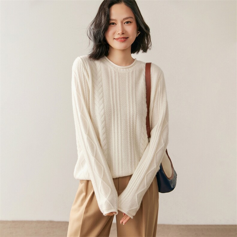 2025年秋季新款卷边圆领针织长袖套头上衣女，女装针织衫/毛衣，鸥蕊娅羊绒