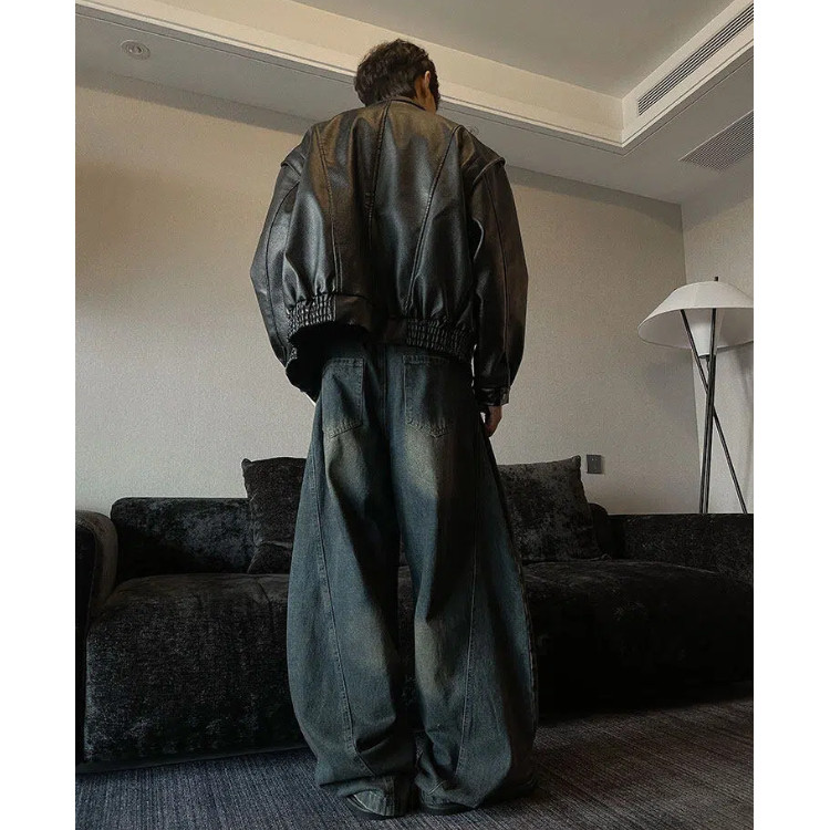 美式复古弯刀裤做日男女小众阔腿宽松痞帅牛仔裤子p50ZA318,男装牛仔裤,星座1112-1