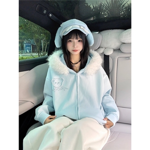 钉珠烫钻小熊耳朵毛领连帽卫衣女宽松慵懒风chic加绒加厚开衫外套图片