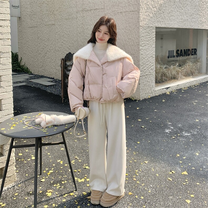 新款现！羊羔毛翻领手套粉色羽绒服外套2C133-6011-P285-K408,女装羽绒服,2C133