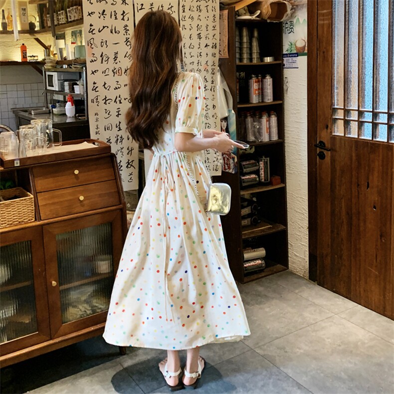 【现货夏装】方领收腰彩色波点棉麻连衣裙女2C158-8395-P110-K168,女装连衣裙,2C158