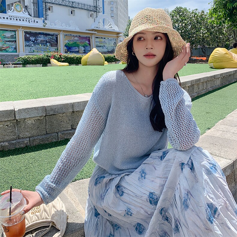 韩系蓝色针织衫碎花半身裙套装女2025春季新款高级感气质两件套潮,女装套装/套裙,浙宝305