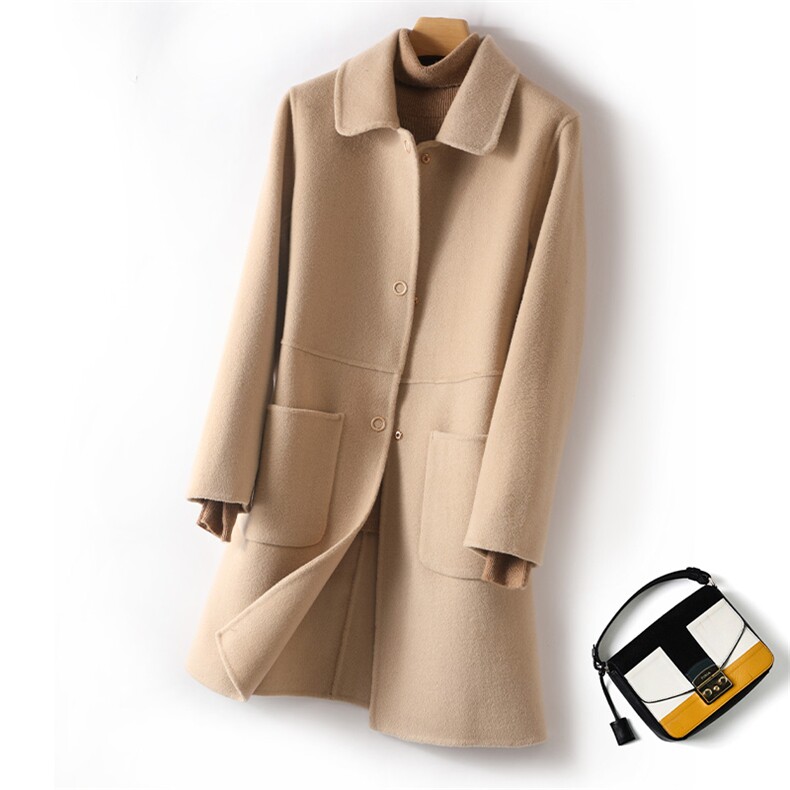 新款双面呢大衣女娃娃领中长款显瘦纯手工羊毛大衣，女装双面呢大衣，佳恩服饰