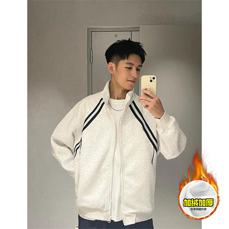 480G重磅加绒硬挺boxy男女秋冬美式高街织带撞色立领卫衣开衫外套，女装短外套，电商A486-1