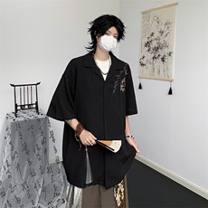 新款冰丝刺绣西装领薄款衬衫短袖男宽松休闲设计感衬衣，男装衬衫，星座410-6（原星座1304-1）