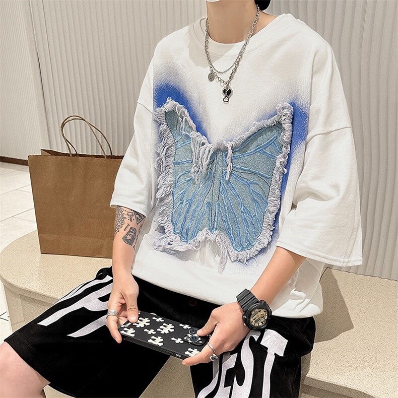 CC342-P50美式高街毛边蝴蝶大流苏贴布T恤控69，男装T恤，星座1611A-1