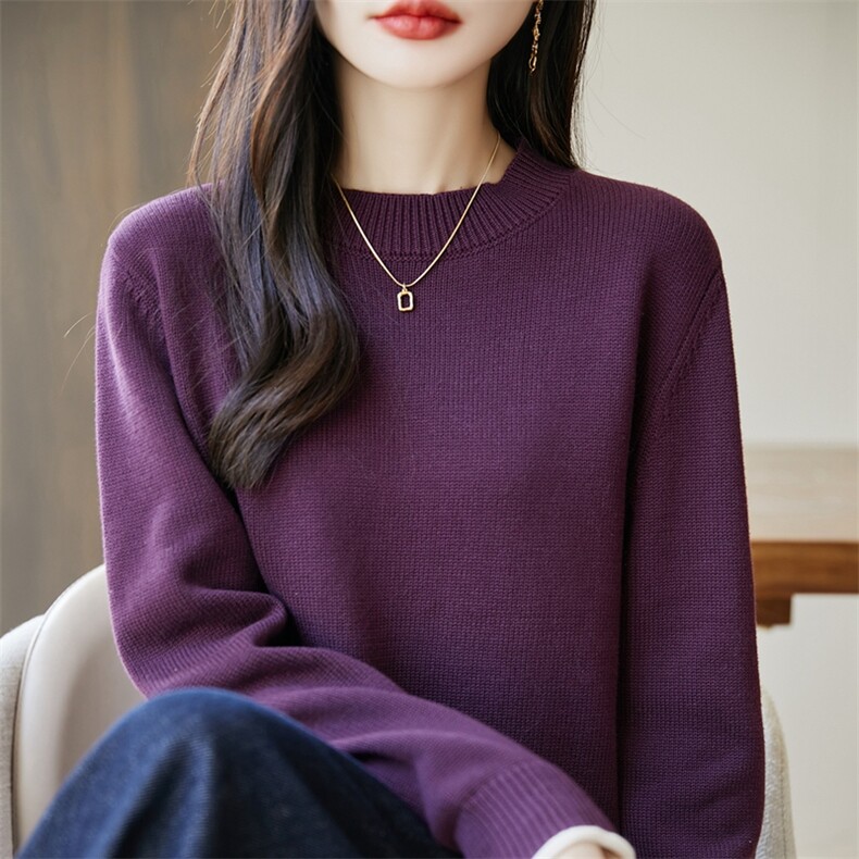 2025秋新款法式撞色100%纯棉针织衫宽松休闲打底衫女毛衣保暖加厚,针织衫/毛衣,长今羊