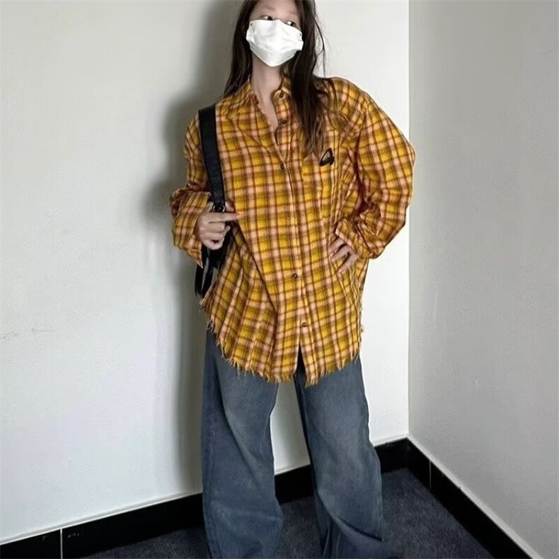 韩版休闲时尚百搭格子衬衫女装春秋新款巨显白宽松衬衣叠穿,男装衬衫,星座506A