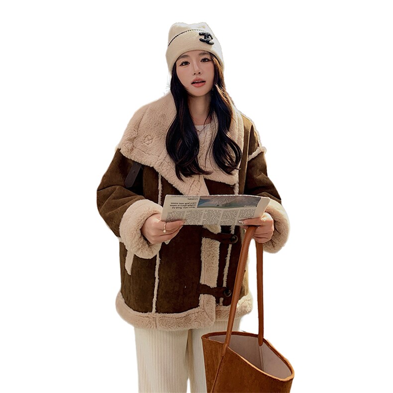 皮毛一体中长款女2023冬季新款加厚保暖外套,女装短外套,秋水欣儿