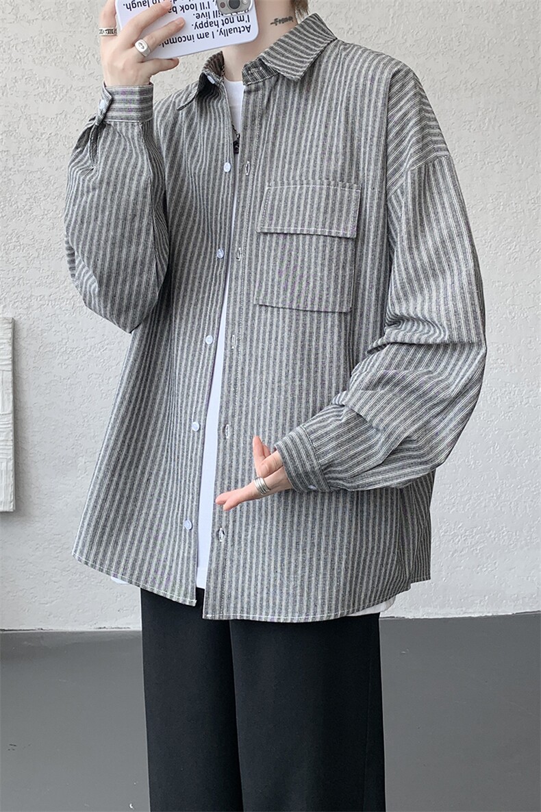 衬衫男秋季新款港风宽松大码立体口袋纯棉条纹长袖衬衣CS3099-P42,男装衬衫,星座214-3