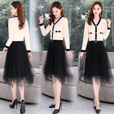 2021年秋季新款气质显瘦小香风假两件套针织连衣裙，女装连衣裙，金典明美