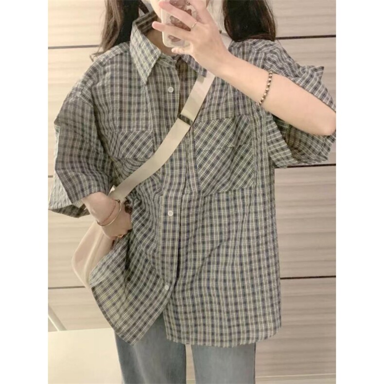 日系复古夏季短袖格子衬衫女休闲宽松街头工装上衣513DC1925P25,男装T恤,星座513