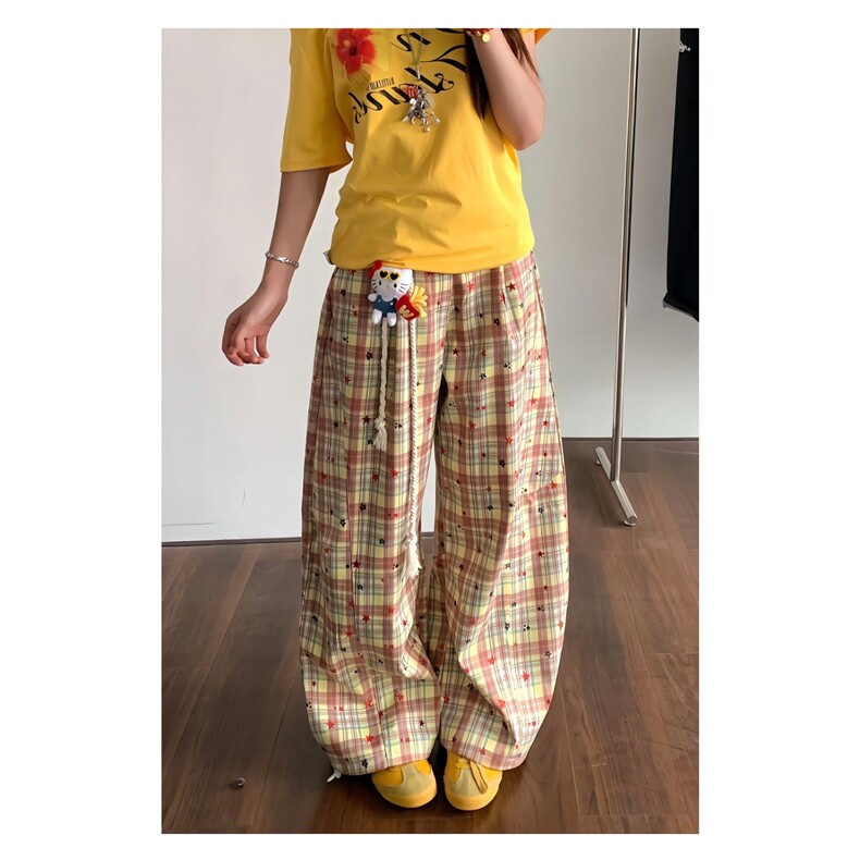 撞色格子弯刀休闲裤女夏季设计感宽松阔腿裤高腰垂感拖地裤,女装休闲裤,星座1210-1