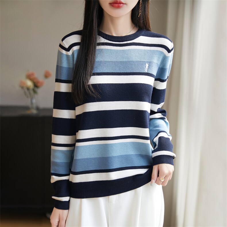 春秋圆领精纺羊毛衫女刺绣条纹针织长袖毛衣宽松休闲拼色打底上衣，女装羊毛衫，暖烁羊绒