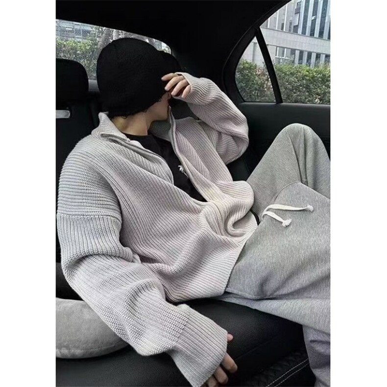 复古毛衣外套cleanfit潮高街落肩慵懒风拉链针织开衫 MF02图片