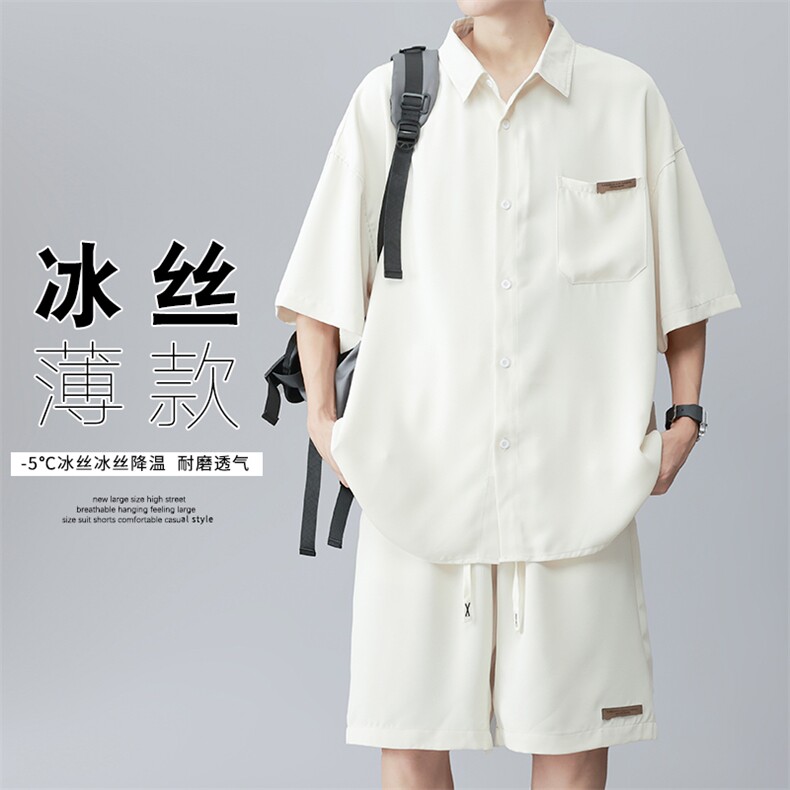 wassup happy冰丝短袖衬衫套装男款夏季潮牌宽松两件套一整套搭配图片