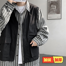 8XL-M特大码衬衫男假两件拼接衬衫新中式坎肩马甲外穿CS508TP68，男装衬衫，电商D206-1