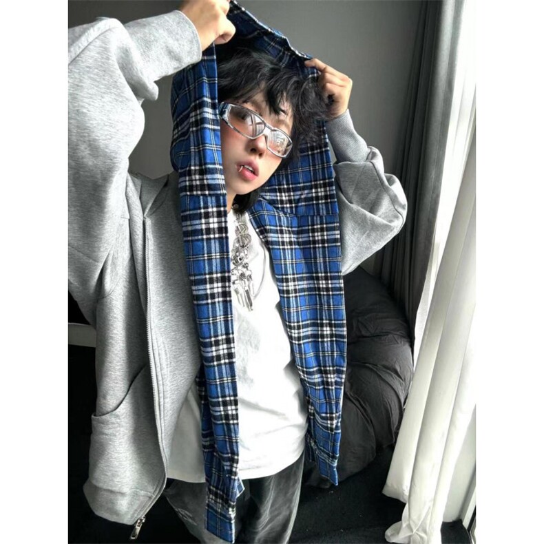 【有货】假两件格子拼接卫衣男款设计感连帽开衫外套JL97HH-特P68,女装短外套,星座1007（原301D）