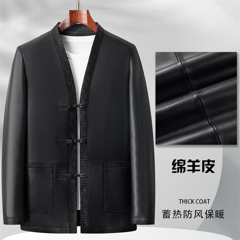 主推秋季新款男绵羊皮唐装夹克外套中老年风唐装皮夹克，男装夹克，钱塘723