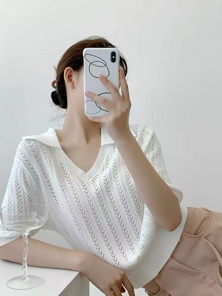 2025新款夏季薄款翻领针织短袖女宽松显瘦百搭休闲上衣,女装T恤,百纯羊绒