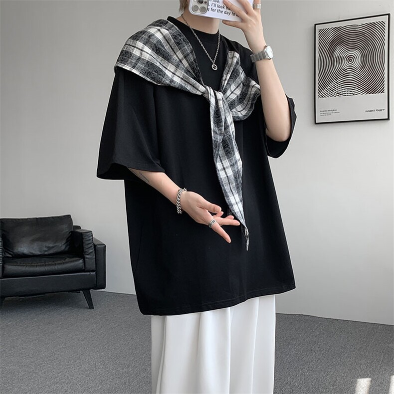 T10128-特批32控58曼巴棉大码撞色拼接个性小众T恤短袖潮,男装T恤,电商A059