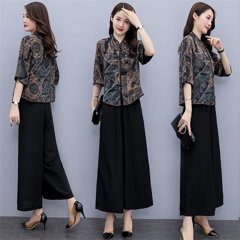 时尚套装2024夏装新款复古印花上衣阔腿裤宽松休闲舒适两件套装，女装套装/套裙，华秀衣