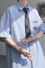 （带领带）CS1132-特P48控78夏新大码刺绣短袖条纹衬衫男学院风，男装T恤，电商A059