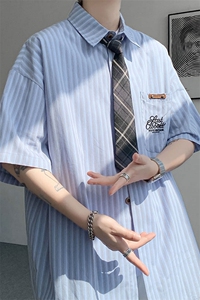（带领带）CS1132-特P48 控78 夏新大码刺绣短袖条纹衬衫男学院风图片