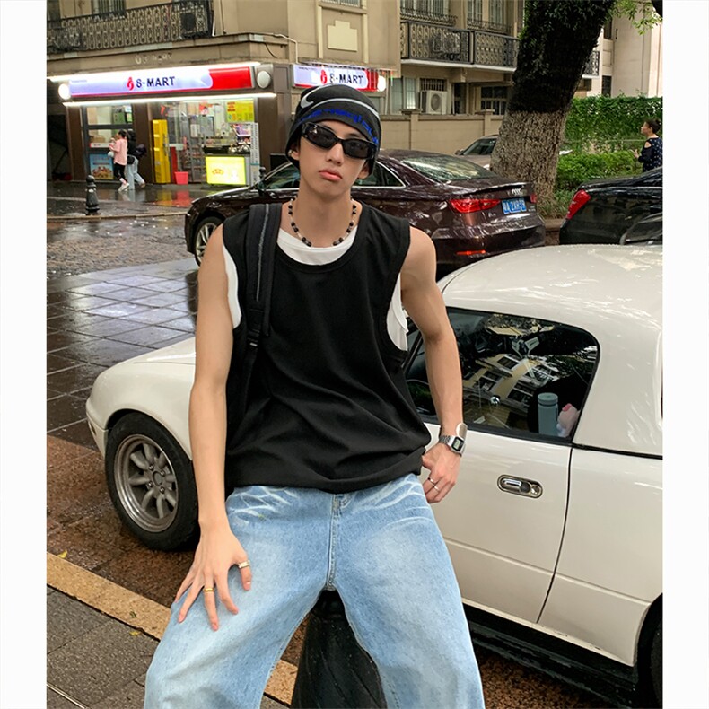 有原图盗图BX2-特P23假两件情侣背心无袖坎肩T恤上衣男,男装背心/马甲,电商B327