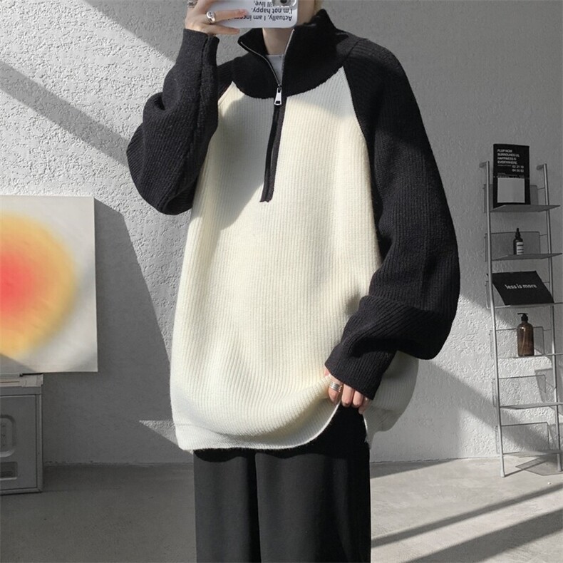 8XL-M撞色半拉链毛衣宽松慵懒风插肩袖大码针织衫外套MY1513/P75,男装针织衫/毛衣,电商B238