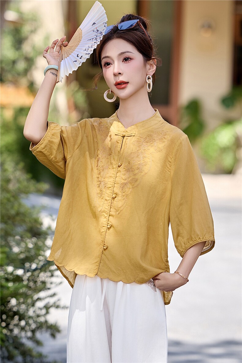长期有货2026苎麻刺绣天丝上衣女夏季薄款中袖衬衫中老年妈妈T恤,女装衬衫,璐依舞